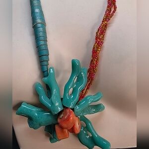 Bold Coral Reef Statement Necklace – Artisan Mixed Media – 26"